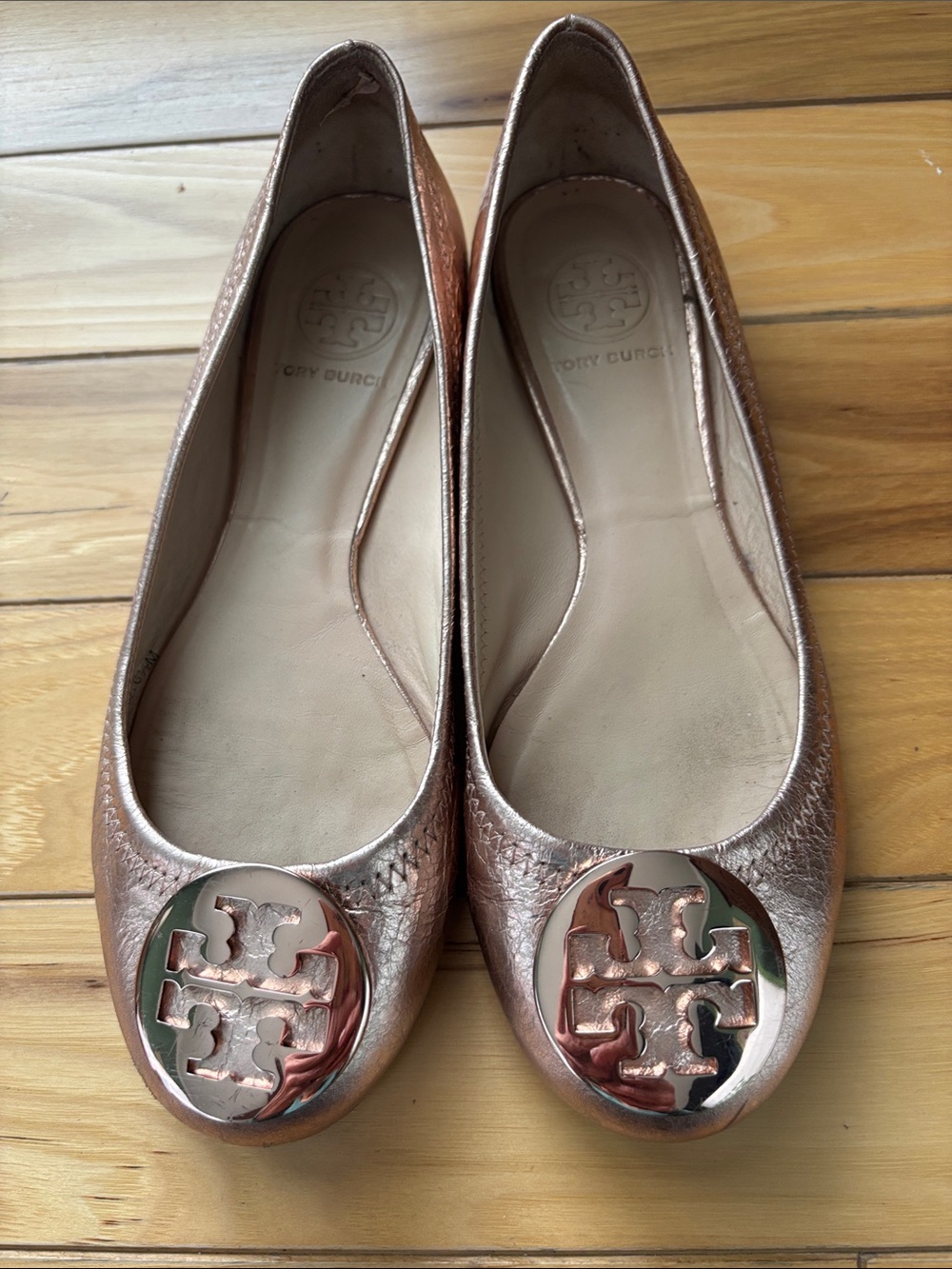 Tory Burch Rose Gold Logo Cap-Toe Ballet Flats Size 6.5